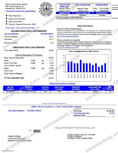USA Cobb County Water System utility bill template in Word and PDF formats, version 3